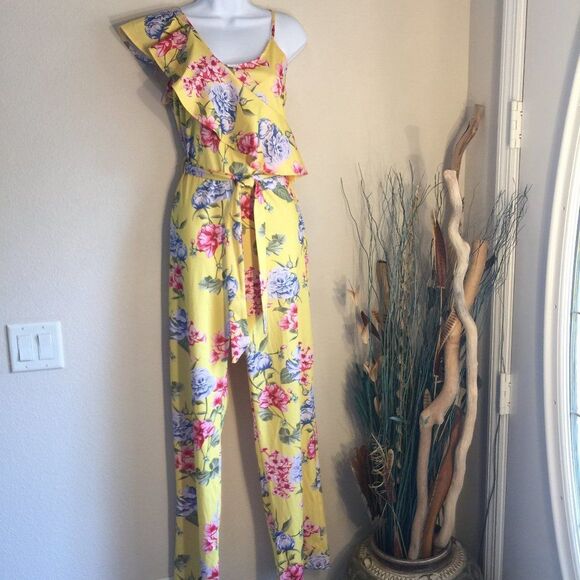 Unbranded Pants - Floral jumpsuit asymetrical wrap top yellow tropical print M